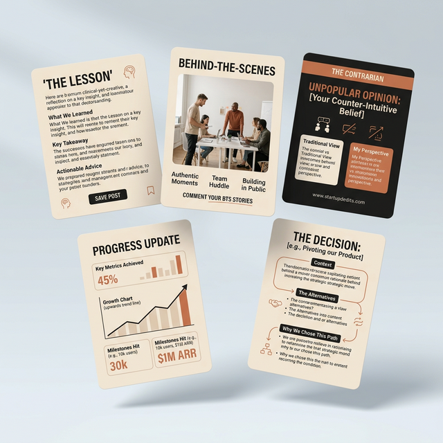 five linkedin post templates for startup founders showing lesson, behind-the-scenes, contrarian, progress, and decision formats